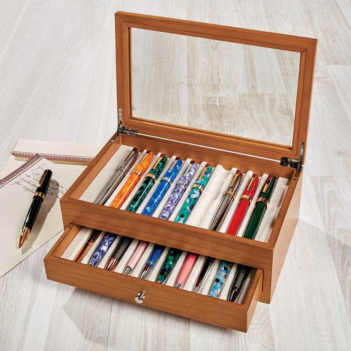     Open True Writer cherry wood pen box displaying fountain pens in the top tray and storage drawer