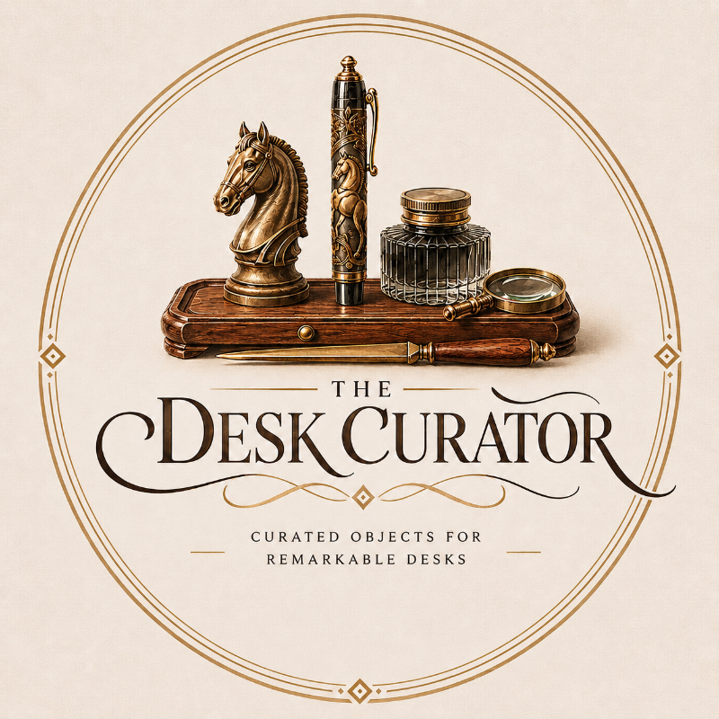 The Desk Curator logo with vintage desk objects and writing accessories