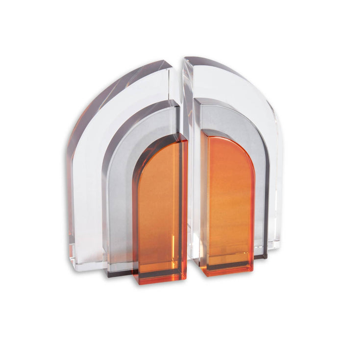Bey-Berk Archer clear and orange crystal bookends for bookshelves and desk organization