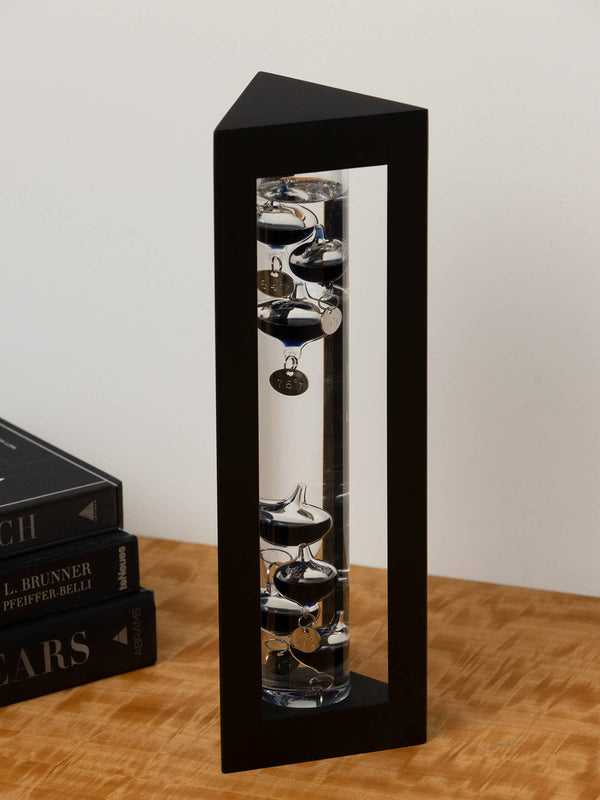 Bey-Berk black wood Galileo thermometer displayed on a desk with books