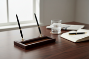 Bey-Berk Leather Double Pen Stand with Gold Plated Accents