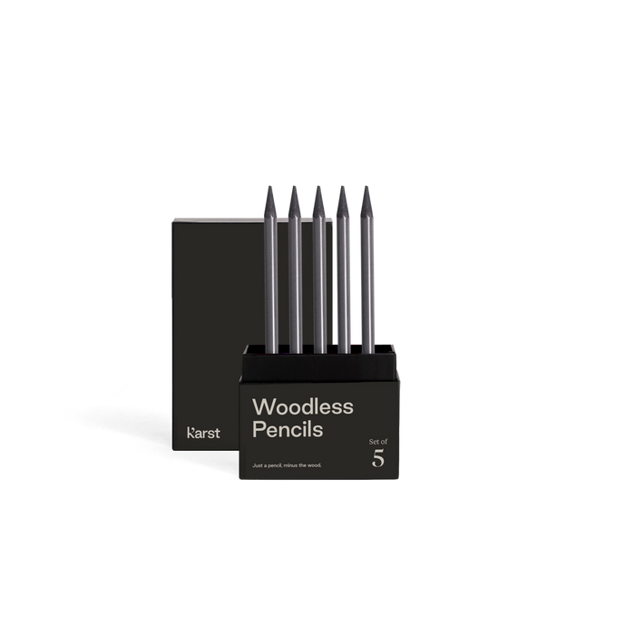 Set of five woodless pencils in a black holder with 'karst' branding on a white background.