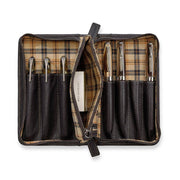 Levenger leather pen organizer open with seven pen sleeves and zippered accessory pouch