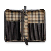 Levenger Bomber Jacket mocha leather pen case with plaid lining and individual pen sleeves