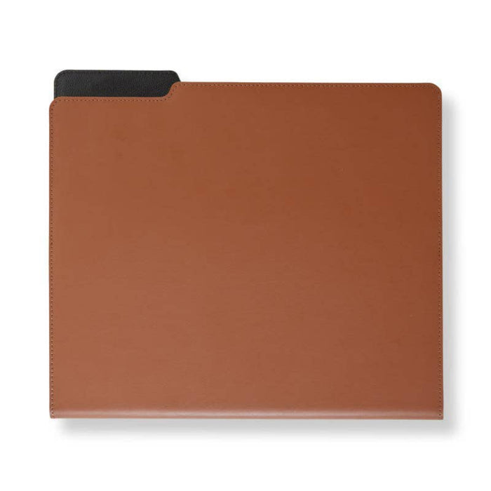 Levenger Wall Street Padfolio in saddle tan leather with black tab, closed front view