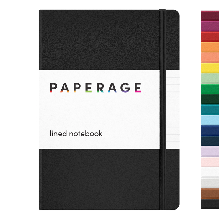 Paperage lined notebook with black cover and assorted color options for school, work, journaling, and desk organization