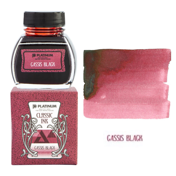 Platinum Classic Cassis Black fountain pen ink bottle with red-black writing sample