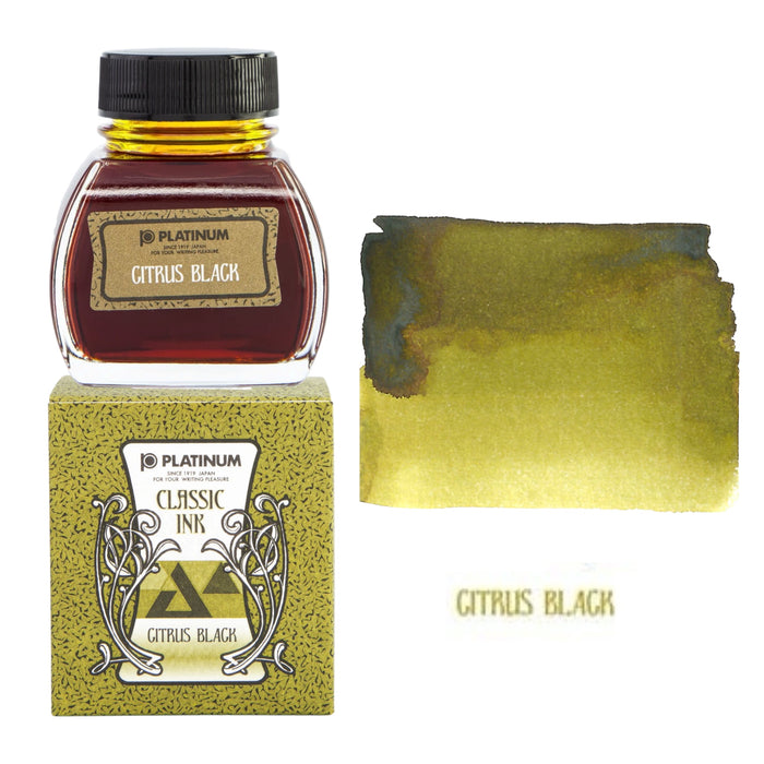Platinum Classic Citrus Black fountain pen ink bottle with writing sample
